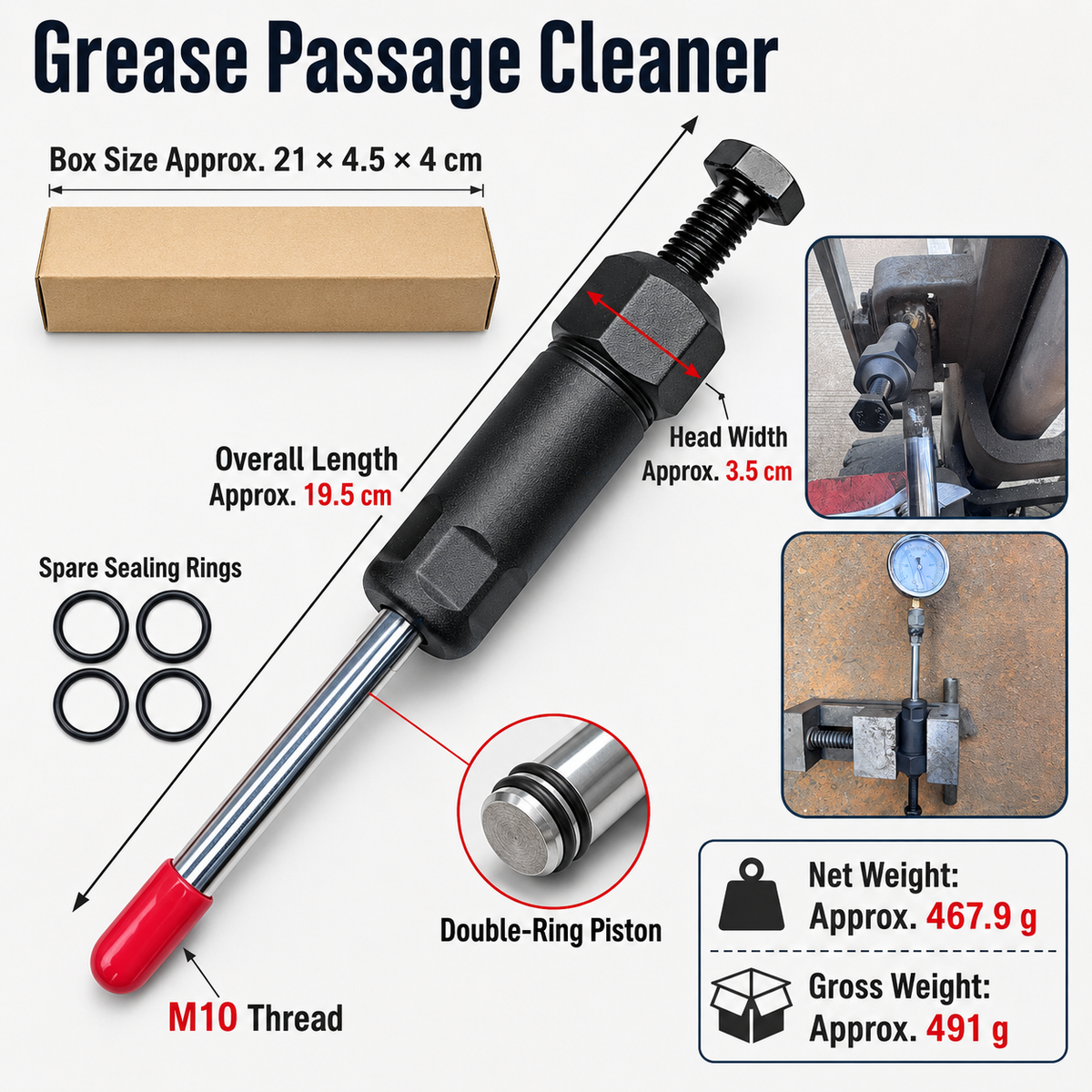 Grease Passage Cleaner Tool Kit With M6 M8 Adapters Spare O‑Rings for Unclogging Blocked Machinery Grease Fittings